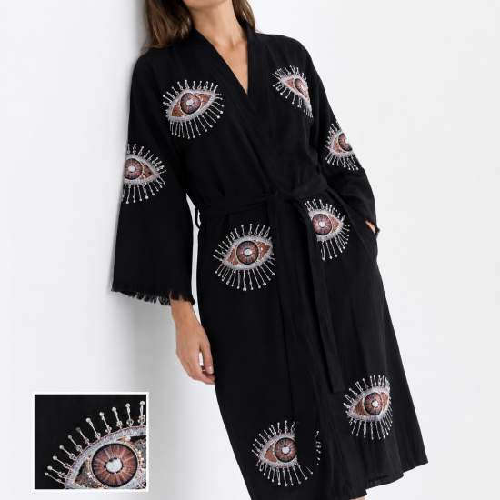 TB03Taş Baskı SİYAH KAFTAN BORNOZ (Asgari 40 adet)